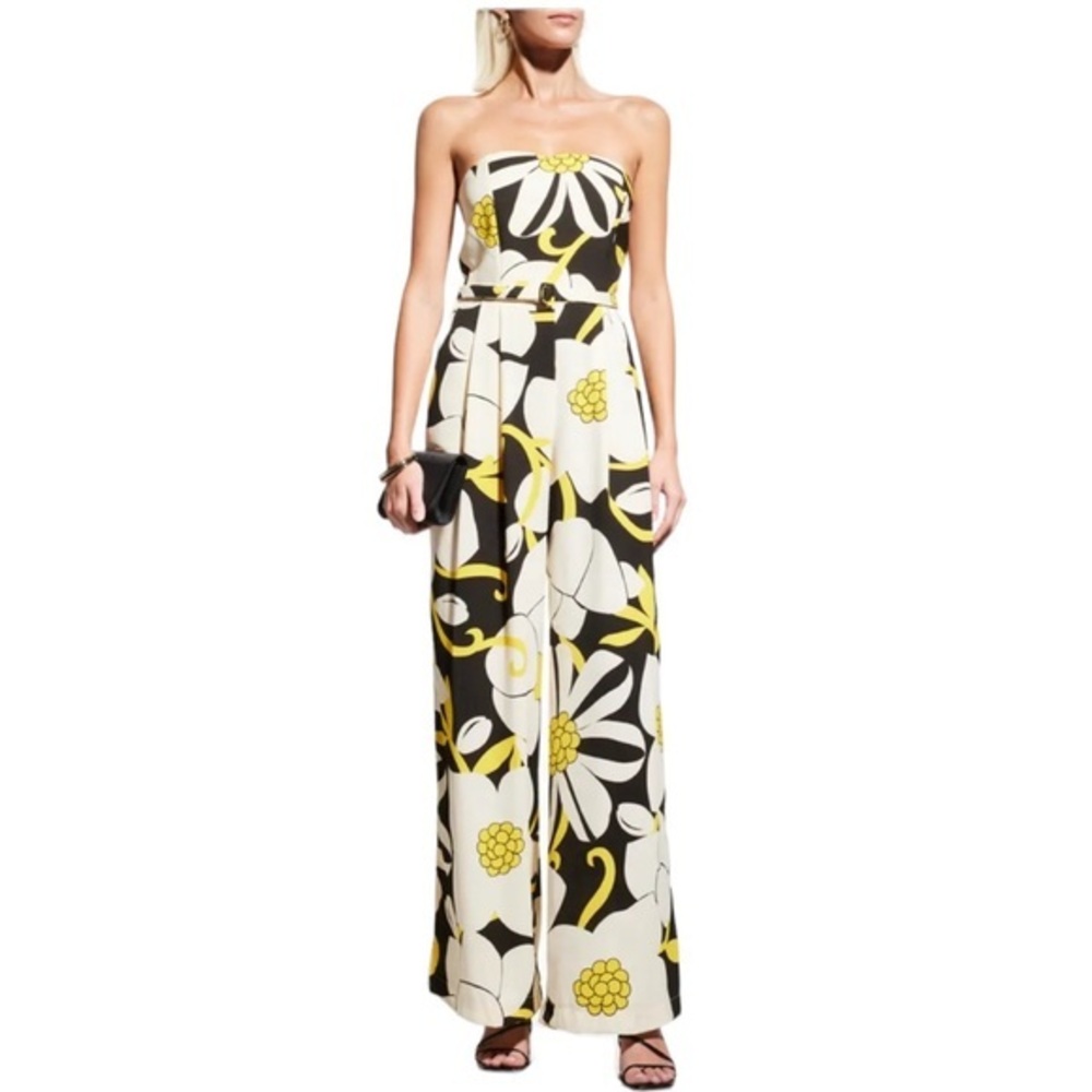 MEIMEIJ YELLOW BLACK SMOCKED BACK ADJUSTABLE  SPAGHETTI STRAP BELTED JUMPSUIT S